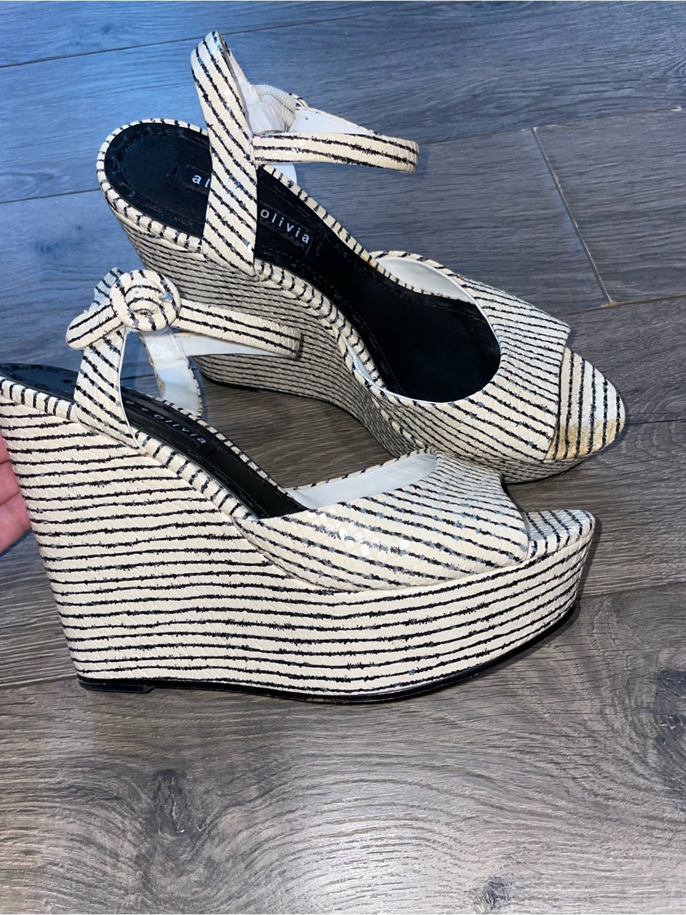 Alice + Olivia Black & White Striped Wedge Sandals